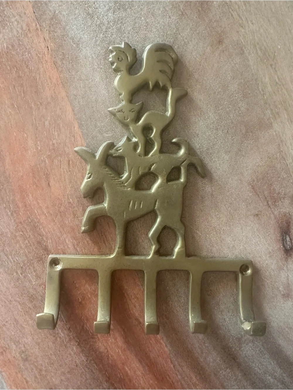 Vintage Solid Brass Town Musicians of Bremen Farm Animals Key Rack Wall Hook - Picture 1 of 3